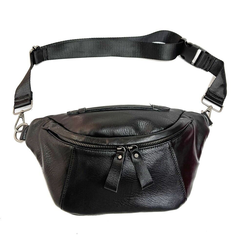 Black Men Real Cow Leather Waist Fanny Pack Sport Backpack Sling Crossbody Bags
