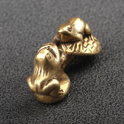 Solid Brass Frog on Mushroom Figurine Miniature Tea Pet Ornament Animal Statue