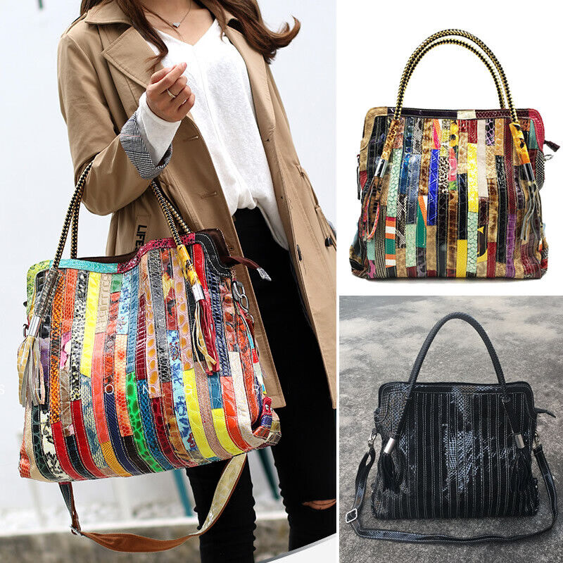 Multicolor Patch Real Leather Shoulder Bag Tote Handbag Purse Crossbody 2 Handle