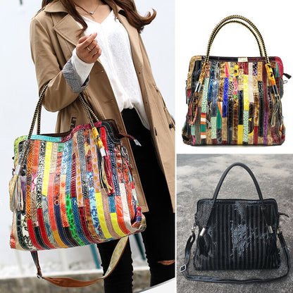 Multicolor Patch Real Leather Shoulder Bag Tote Handbag Purse Crossbody 2 Handle