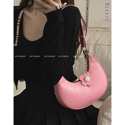 Synthetic Leather Handbag Purses Vintage Zipper Half Moon Crescent Shoulder Bags