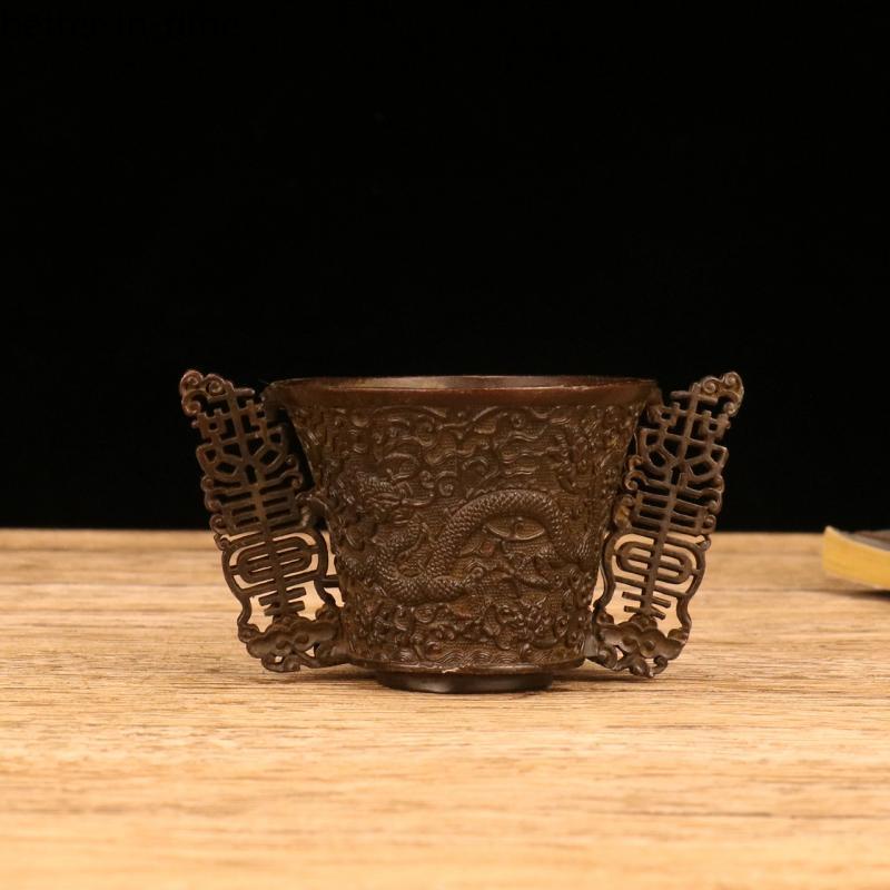 Old Chinese Dynasty Bronze Animal Loong Dragon Phoenix Bird Tea Cup Bowl