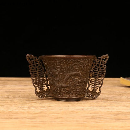 Old Chinese Dynasty Bronze Animal Loong Dragon Phoenix Bird Tea Cup Bowl