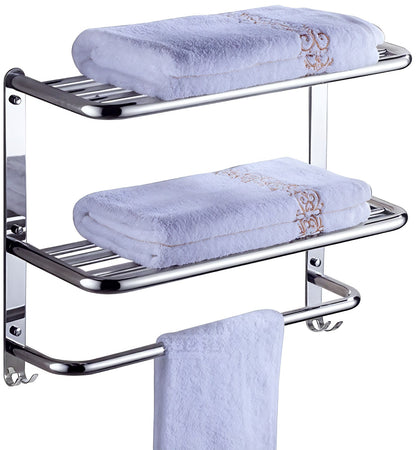 Silver 2-Tier Wall Mount Towel Rack w/ Towel Bar & Hooks, Wall Mount 22"×8"×17"