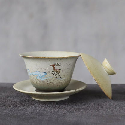 Ceramic Gaiwan Teacup Deer Chinese Tea Sets Drinkware 150ml