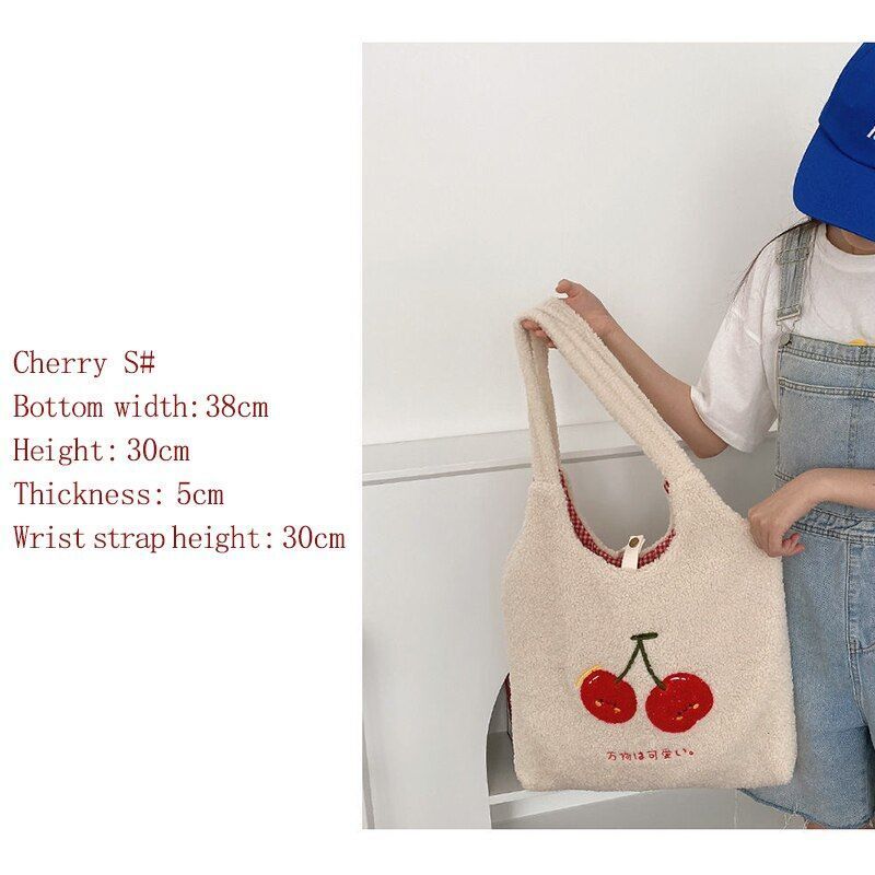 Plush Tote Bag Shopper Handbag Cute Embroidery Wool Shoulder Bag Polyester Soft