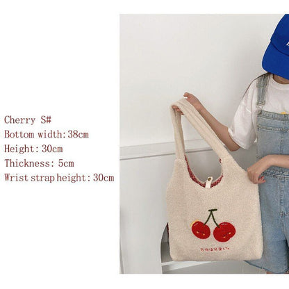 Plush Tote Bag Shopper Handbag Cute Embroidery Wool Shoulder Bag Polyester Soft