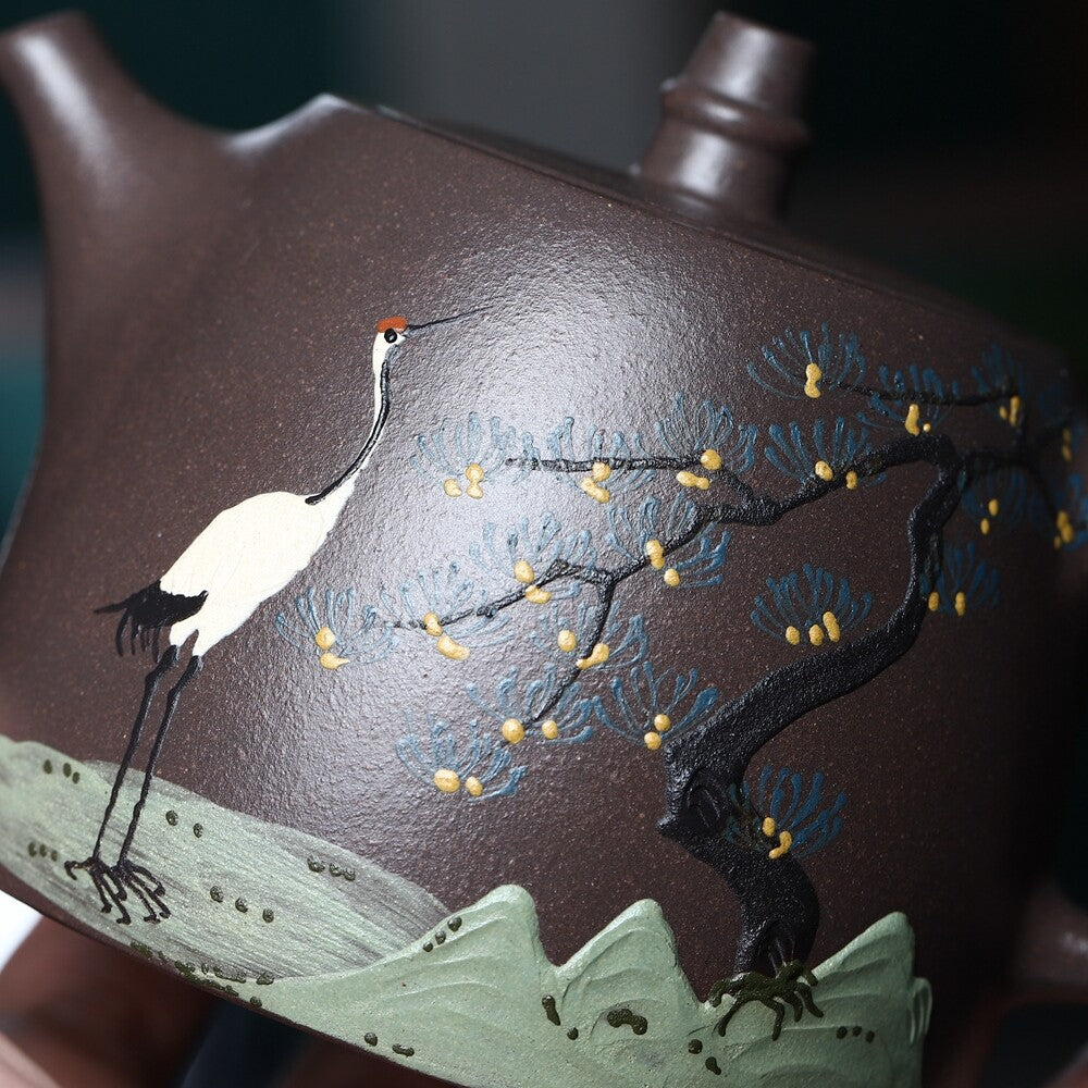Chinese Tea Pot Marked Handmade Real Yixing Zisha Purple Clay Pot Crane Relief