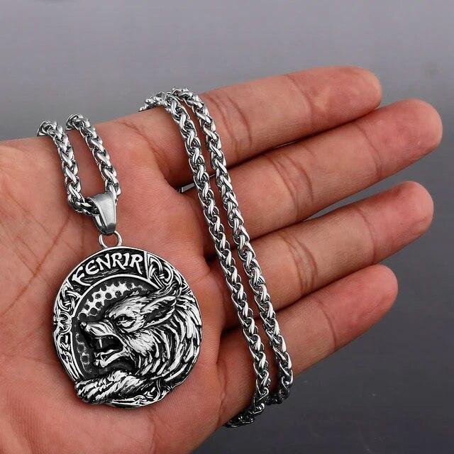 Wolf Necklaces Viking Style Wolf Head Pendant Runes Stainless Steel Necklace