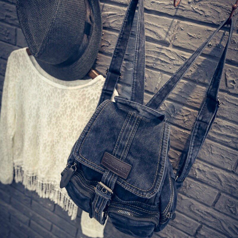 Women Fashion Denim Washed Retro Student School Bag Denim Backpack 30*32*12 CM