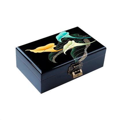 Chinese Vintage Jewelry Box Organizer Asian Black Lacquer Calla Lily Flower Gift