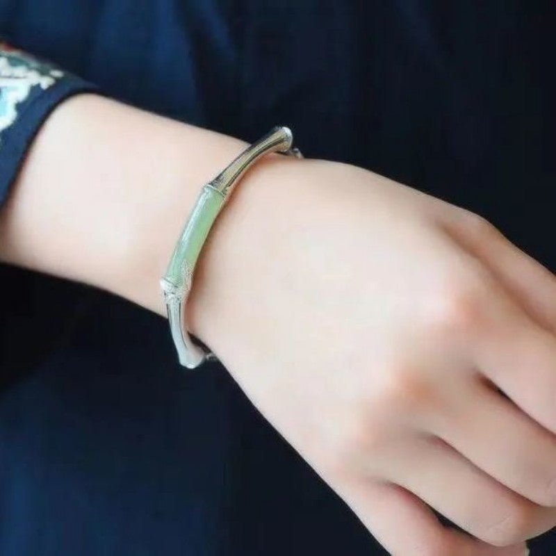 Original Handmade Silverb Silver Bamboo Hetian Jade Festival High Bracelet