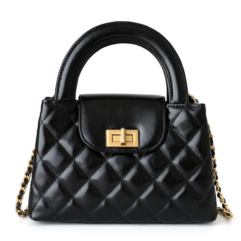 Small Quilted Real Leather Tote Flap Purse Clutch Shoulder Bag w/ Chain Fashion