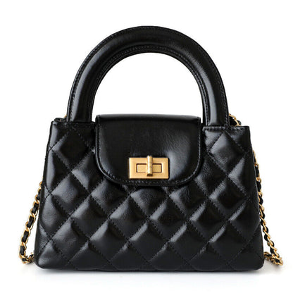 Small Quilted Real Leather Tote Flap Purse Clutch Shoulder Bag w/ Chain Fashion