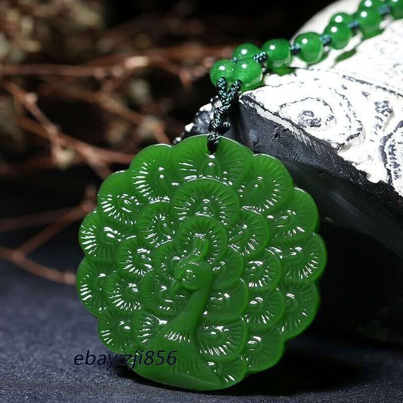 Natural Jade Carving Green Peacock Pendant Necklace