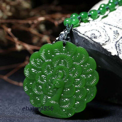 Natural Jade Carving Green Peacock Pendant Necklace