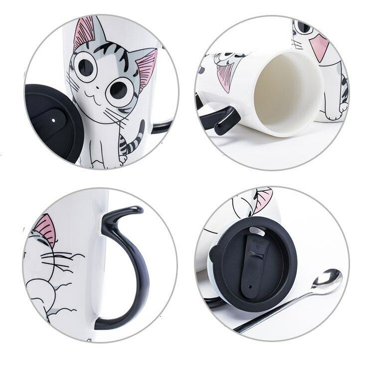 Creative Cat Ceramic Mug With Lid Spoon Cartoon Milk Tea Cup Porcelain Mug Set