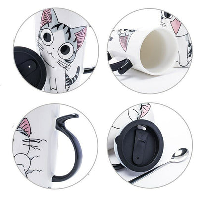 Creative Cat Ceramic Mug With Lid Spoon Cartoon Milk Tea Cup Porcelain Mug Set