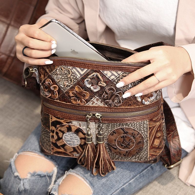 Bohemian Genuine Leather Bag Floral Crossbody Luxury Shoulder Vintage Handbags