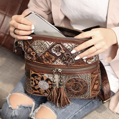 Bohemian Genuine Leather Bag Floral Crossbody Luxury Shoulder Vintage Handbags