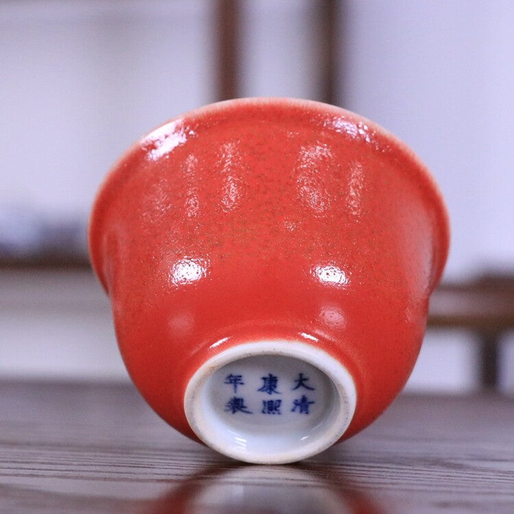 3.6" Collection Chinese Qing Porcelain Chicken Blood Red Glaze Tea Cup