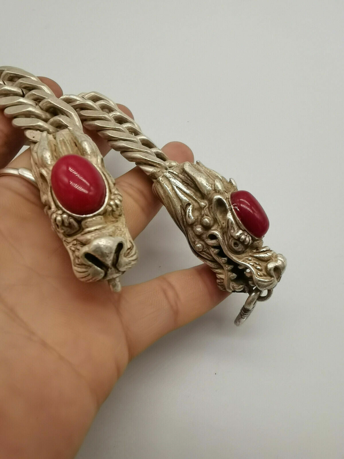 China Old Tibetan Silver Inlaid with red jade Dragon Bracelet