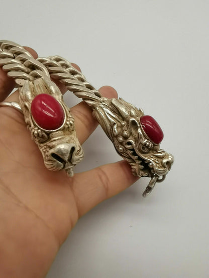 China Old Tibetan Silver Inlaid with red jade Dragon Bracelet