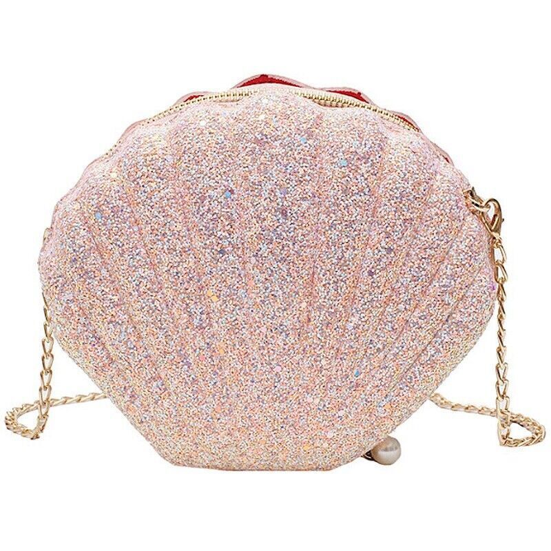 Women Girls Little Mermaid Seashell Purse -Body Shoulder Bags Sequins Chain Puf