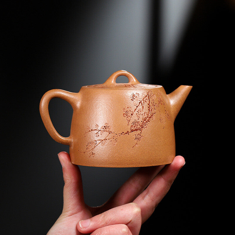 Handmade Carved Tea Pot Wintersweet Design 10 Infuser Holes Zisha Jiangpo Clay