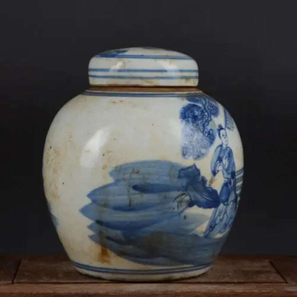 6.3" Chinese Blue and White Porcelain Jar Qing Kylin Kid Design Pot Tea Caddy
