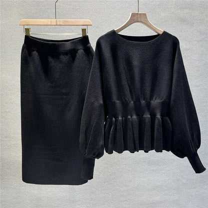 2 Two Piece Set Women Lantern Long Sleeves Crop Tops Sweater Sexy Skirts Sets