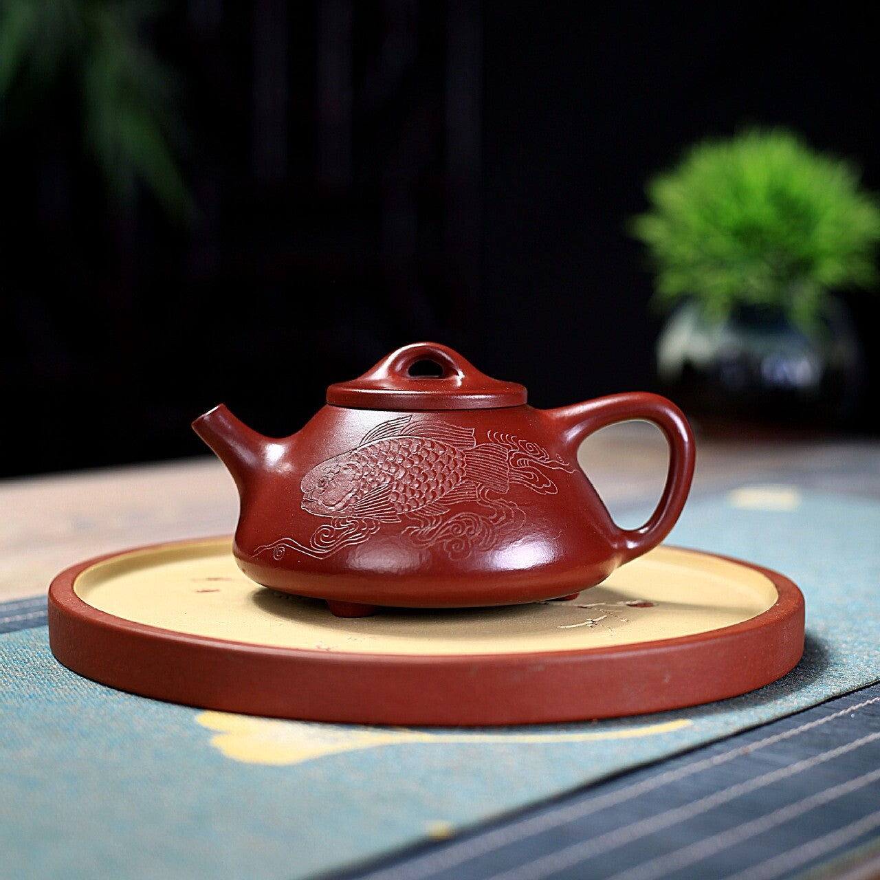 Full Handmade Tea Pot Carved Fish Ziye Shipiao Pot Marked Real Yixing Dahongpao
