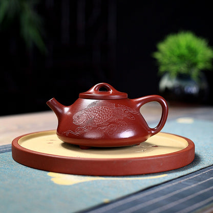 Full Handmade Tea Pot Carved Fish Ziye Shipiao Pot Marked Real Yixing Dahongpao