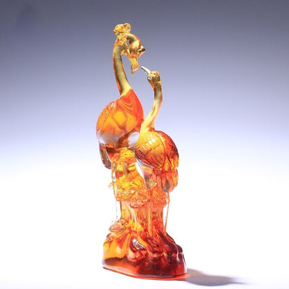 Chinese Liu Li Crystal Crane Statue Feng Shui Decor