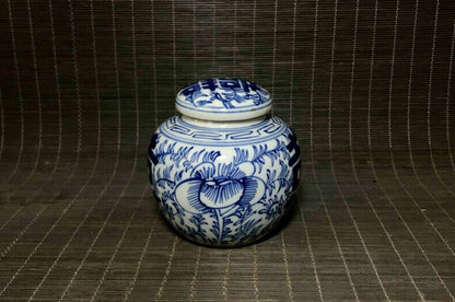 3in Chinese Porcelain Blue White Double Happiness Receiving Tank Cover Can Old