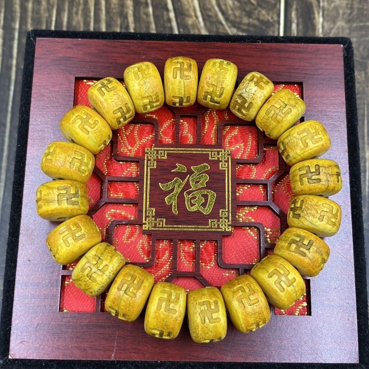 Natural 14mm Swastika Bead Bracelet Single Circle Buddhist Mala Ethnic Jewelry