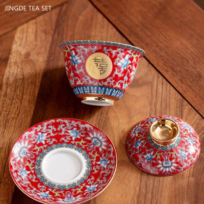 Chinese Wedding Tea Set Enamel Color Ceramic Gaiwan Handmade Tea Bowl