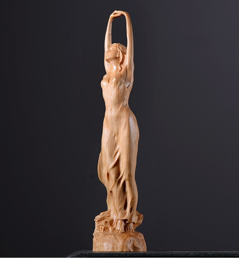 9" Cypress Wood Hand Carved Girl Statue Beauty Figurine Model Body Decor