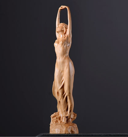 9" Cypress Wood Hand Carved Girl Statue Beauty Figurine Model Body Decor