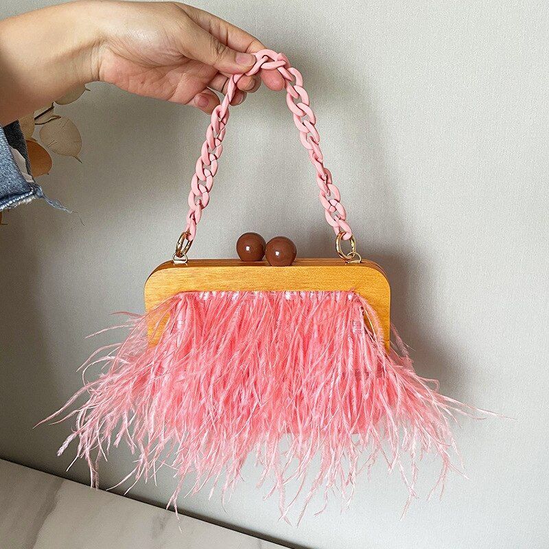 Ostrich Feather Handbag Retro Wooden Evening Purse Acrylic Chain Shoulder Bags