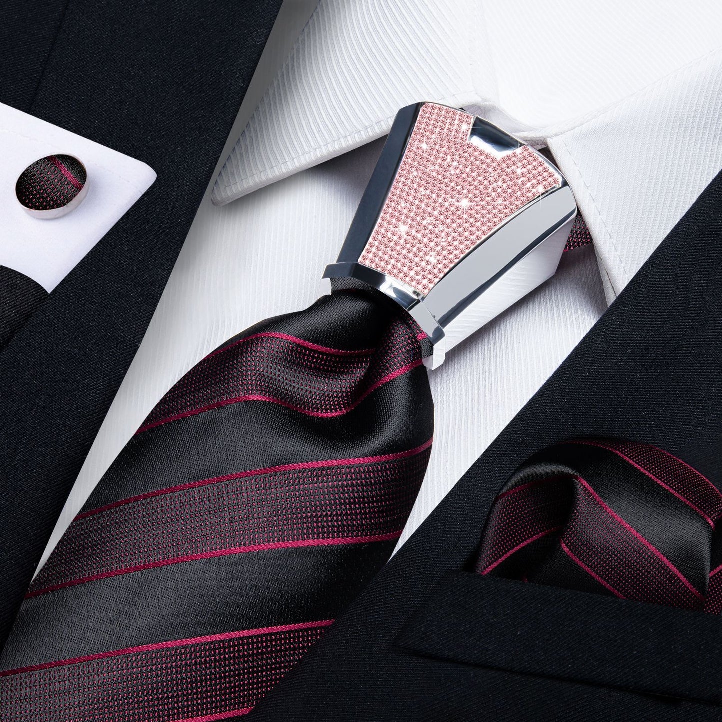 Men Necktie 3Pcs Luxury Striped Ties Cufflinks Pocket Square Wedding Accessories