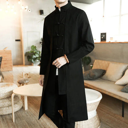 Coat Men Cardigan Coat Male Long Chinese Style Black Loose Linen Jacket