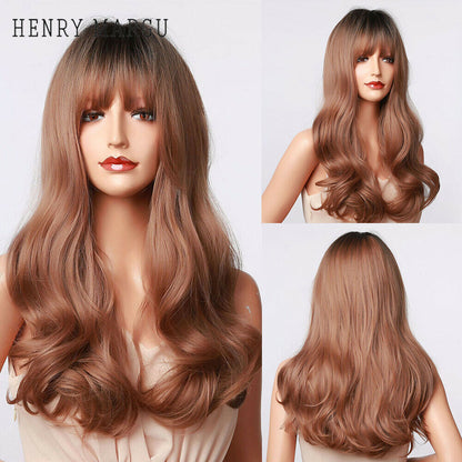 Long Wavy Wigs with Bangs Cosplay Party Synthetic Hair Wigs for Black Women