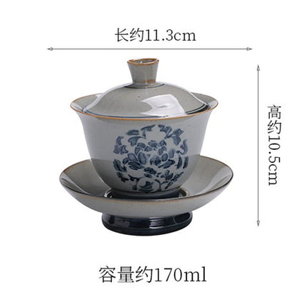 170ml Retro Dehua Hand Painted Gaiwan Blue Porcelain Tea Bowl Tea Set Tureen