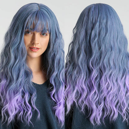 Long Wavy Wigs with Bangs Cosplay Party Synthetic Hair Wigs for Black Women