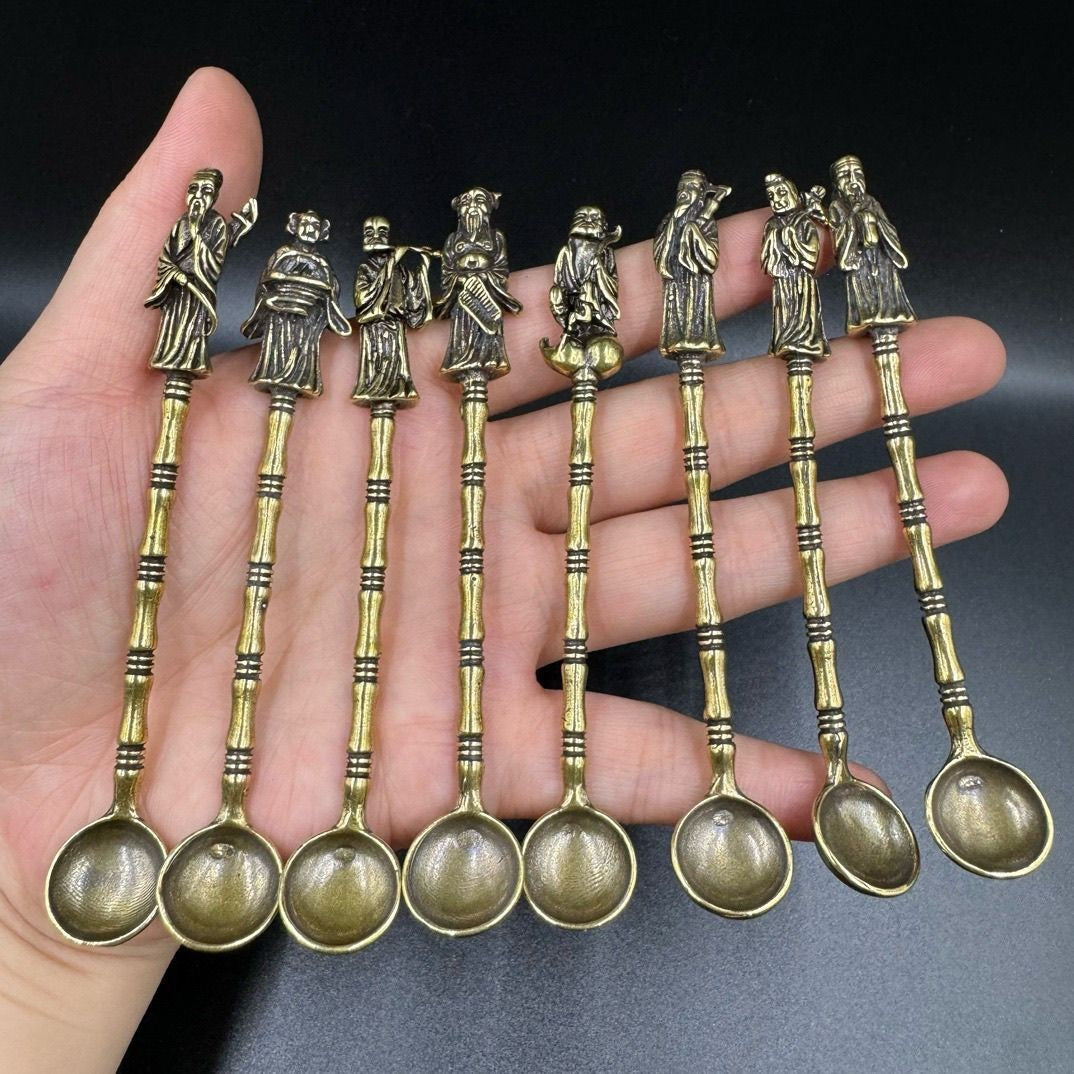 Brass Eight Immortals Spoon Set 8pcs 95g Mini Chinese Medicine Spoon Decor