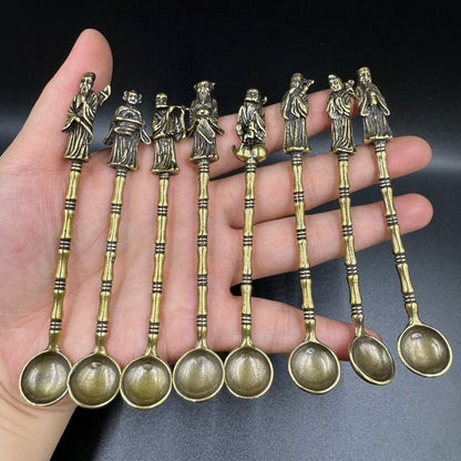 Brass Eight Immortals Spoon Set 8pcs 95g Mini Chinese Medicine Spoon Decor