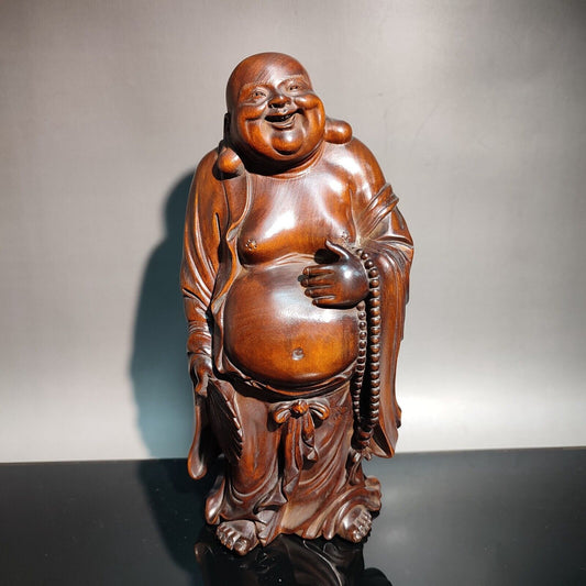 chinese carved wooden laughing Buddha Statue Buddhism monk wood decor praying