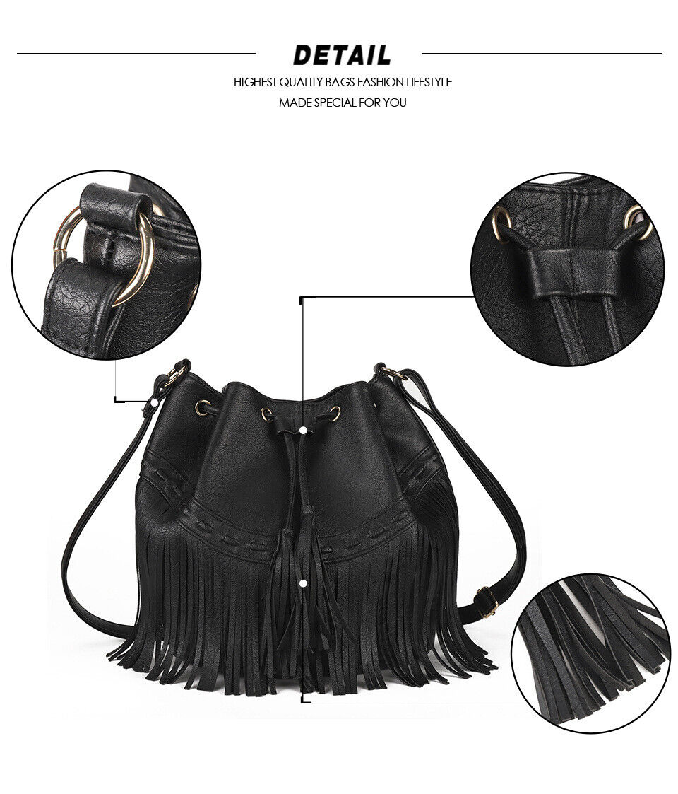 Women's Bag Casual Drawstring Tassel Bucket Bag PU Fringe Female Messenger Bag