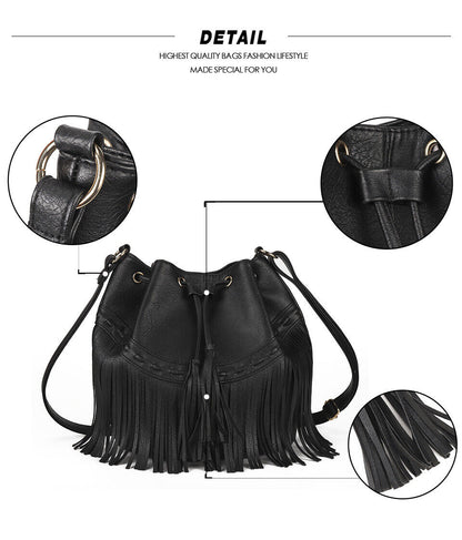 Women's Bag Casual Drawstring Tassel Bucket Bag PU Fringe Female Messenger Bag